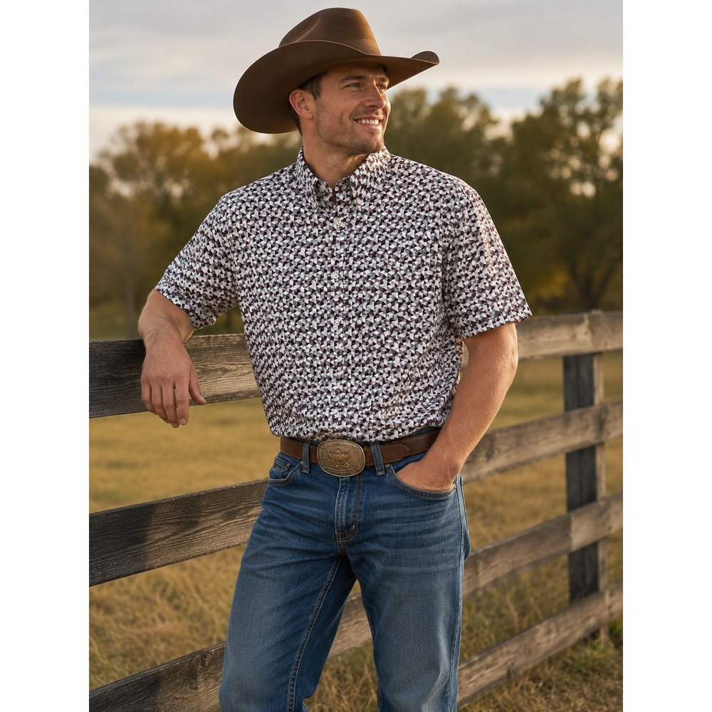 Rank 45 Mens Geometric Triangle Print Short Sleeve Button Down Shirt Blue L